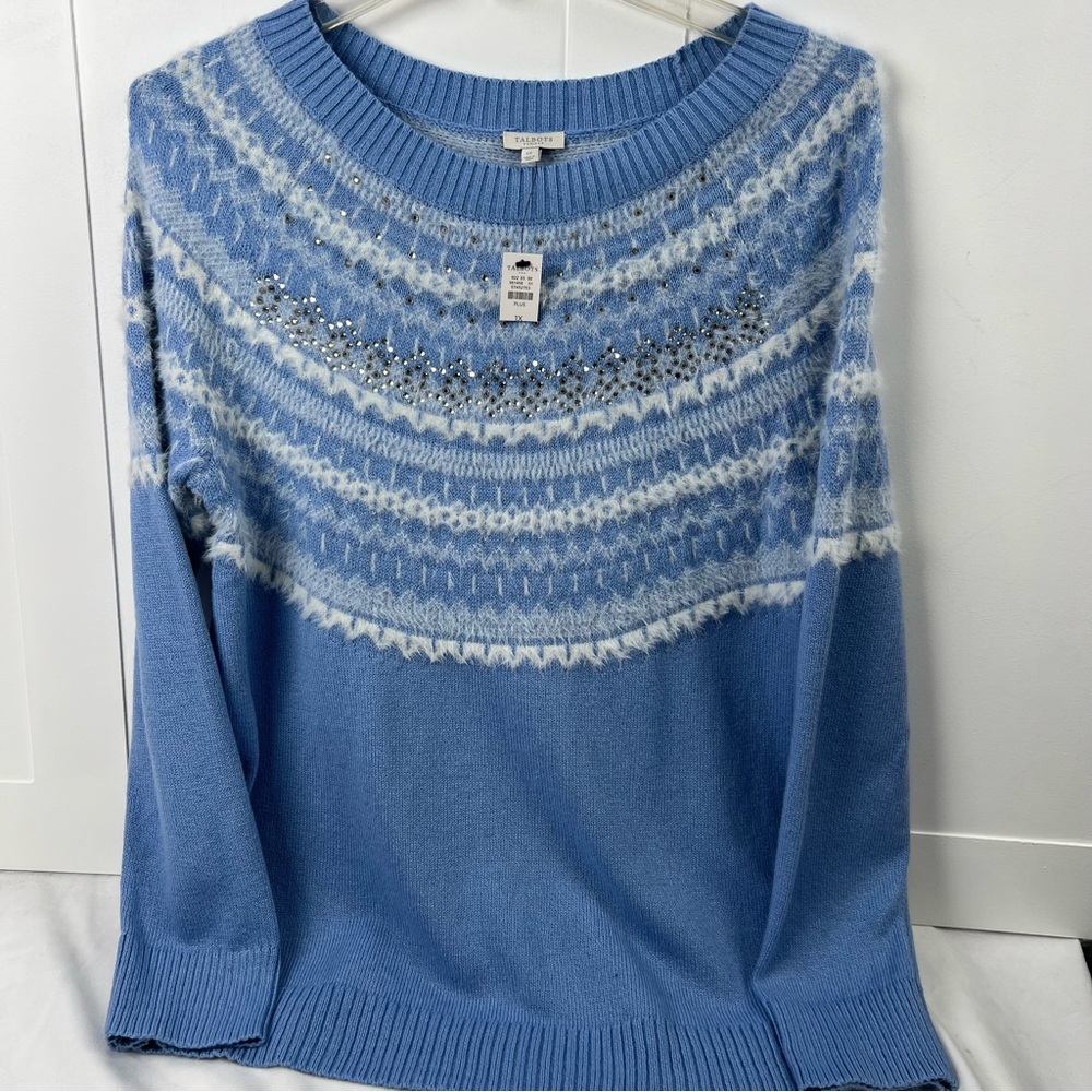 TALBOTS NWT EMBROIDERED SWEATER - FROST FAIR ISLE WITH SILVER ACCENTS Women’s 1X